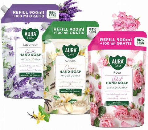 Zestaw 3x1000 ml AURA Care Mydło Do Rąk Uzupełniające Lawenda Róża Wanilia