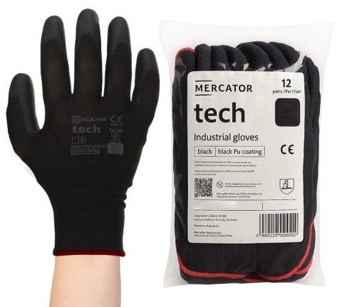 Rękawice Robocze MERCATOR Tech Black+Black PU - 12 Par (8 - M)