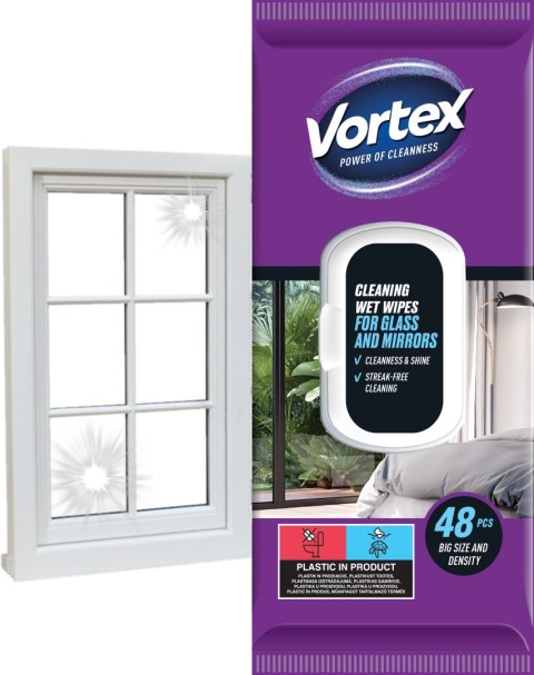 VORTEX Chusteczki nawilżane do luster i szkła , flip top ,48 sztuk