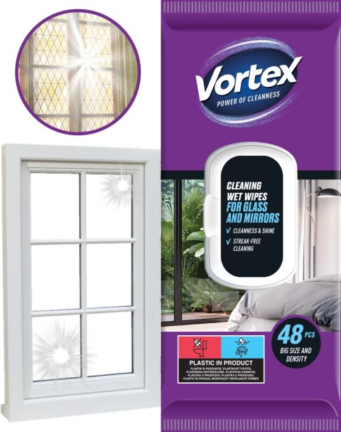 VORTEX Chusteczki nawilżane do luster i szkła , flip top ,48 sztuk