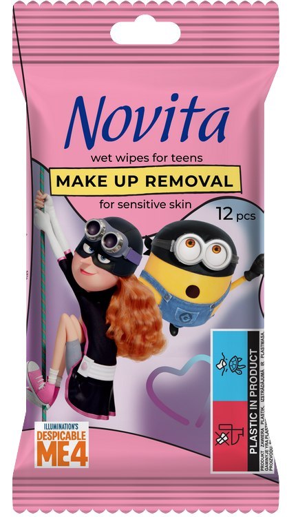 NOVITA Minionki Chusteczki nawilżane do demakijażu dla nastolatków, 12 szt.
