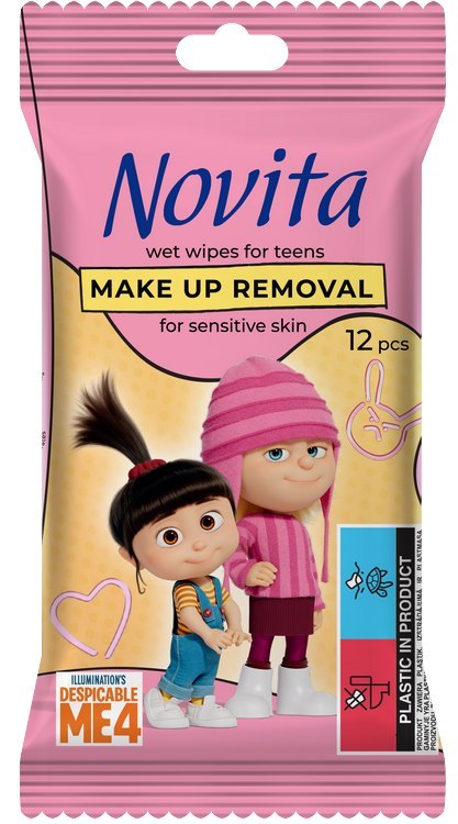 NOVITA Minionki Chusteczki nawilżane do demakijażu dla nastolatków, 12 szt.