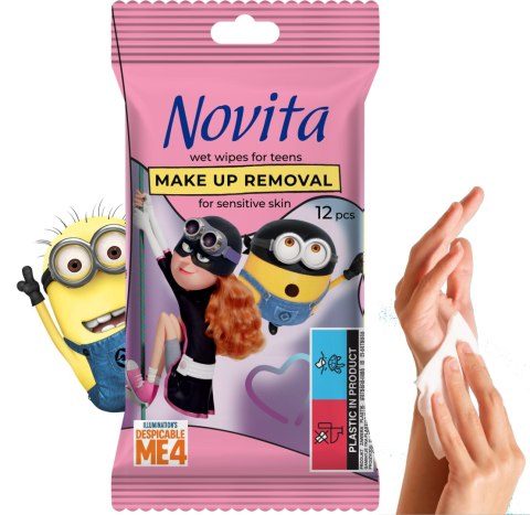 NOVITA Minionki Chusteczki nawilżane do demakijażu dla nastolatków, 12 szt.