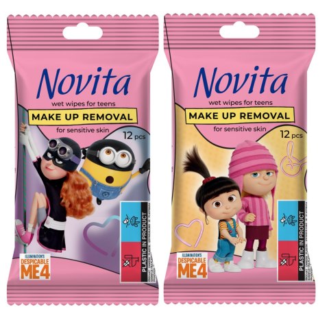 NOVITA Minionki Chusteczki nawilżane do demakijażu dla nastolatków, 12 szt.
