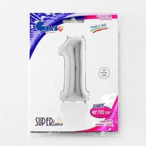 Balon foliowy Cyfra 1 Srebrna - 102 cm Grabo