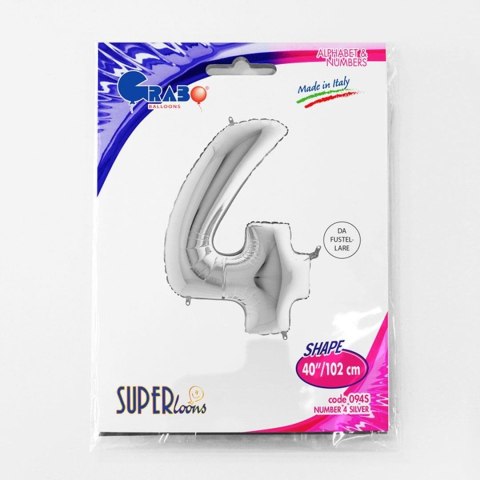 Balon foliowy Cyfra 4 Srebrna - 102 cm Grabo
