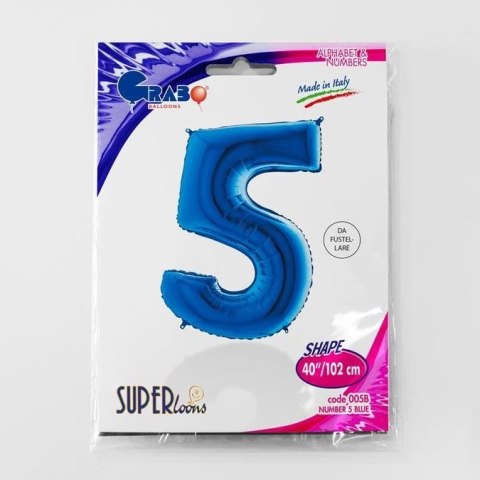 Balon Foliowy Cyfra 5 Niebieska - 102 cm Grabo