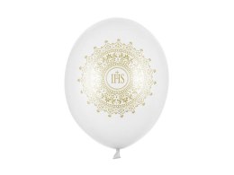 Balony lateksowe IHS na Komunię Świętą, 30cm, Białe Metaliczne (1 op. / 6 szt.)