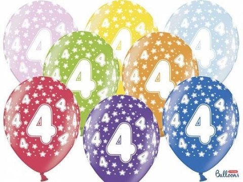 Balony lateksowe z nadrukiem '4' na urodziny, Metaliczne Mix, 30cm, 6 szt.