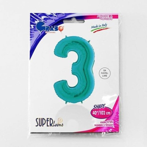 Balon Foliowy Cyfra 3 Tiffany, Miętowy - 102 cm Grabo