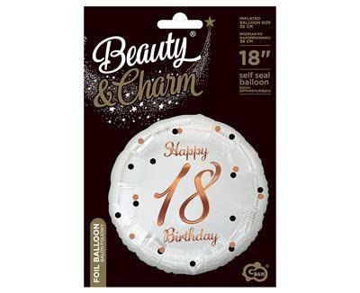 Balon foliowy Happy 18 Birthday, biały, nadruk różowo-złoty, 18'