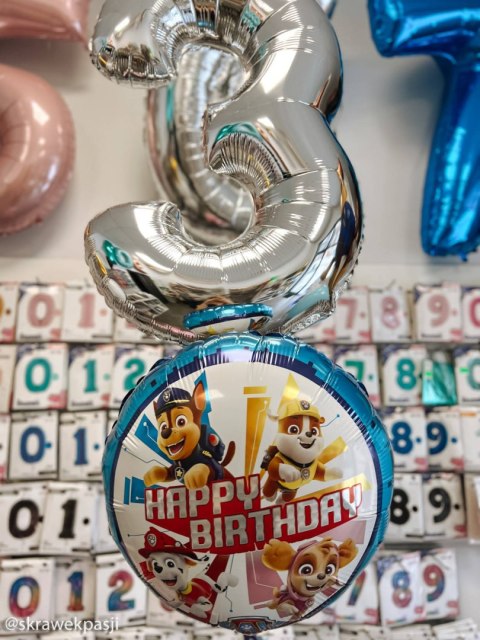 Balon foliowy Psi Patrol okrągły niebieski, Happy Birthday 46 cm
