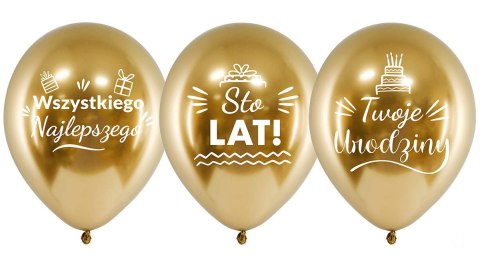 Balony lateksowe Urodzinowe Złote Chrome Sto Lat, 30cm, 10 szt.
