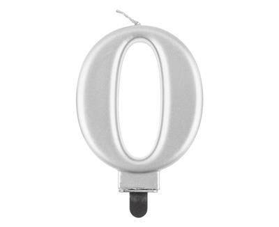 Świeczka cyferka 0, metalik srebrna 8 cm