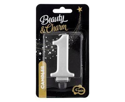 Świeczka cyferka 1, metalik srebrna 8 cm