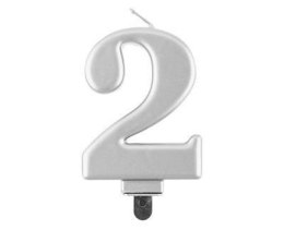 Świeczka cyferka 2, metalik srebrna 8 cm