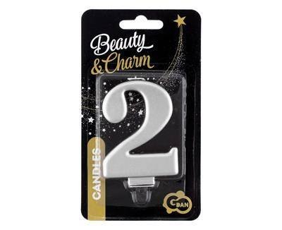 Świeczka cyferka 2, metalik srebrna 8 cm
