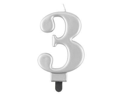 Świeczka cyferka 3, metalik srebrna 8 cm