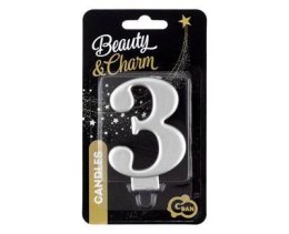 Świeczka cyferka 3, metalik srebrna 8 cm