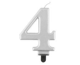 Świeczka cyferka 4, metalik srebrna 8 cm