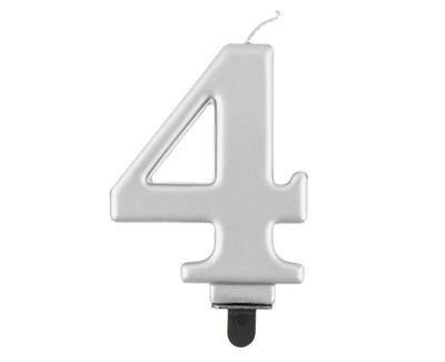 Świeczka cyferka 4, metalik srebrna 8 cm