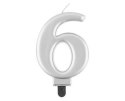 Świeczka cyferka 6, metalik srebrna 8 cm