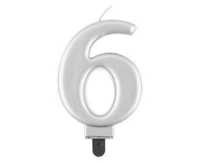 Świeczka cyferka 6, metalik srebrna 8 cm