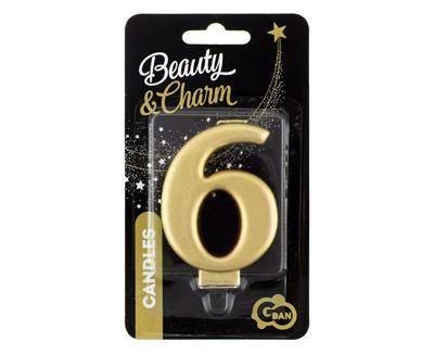 Świeczka cyferka 6, metalik złota, 8 cm