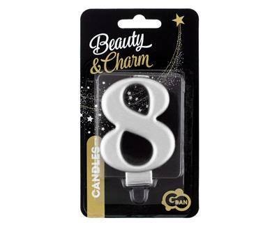 Świeczka cyferka 8, metalik srebrna 8 cm