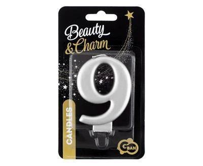 Świeczka cyferka 9, metalik srebrna 8 cm