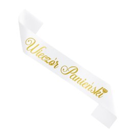 Szarfa biała z napisem Wieczór Panieński w kolorze złotym, 160cm