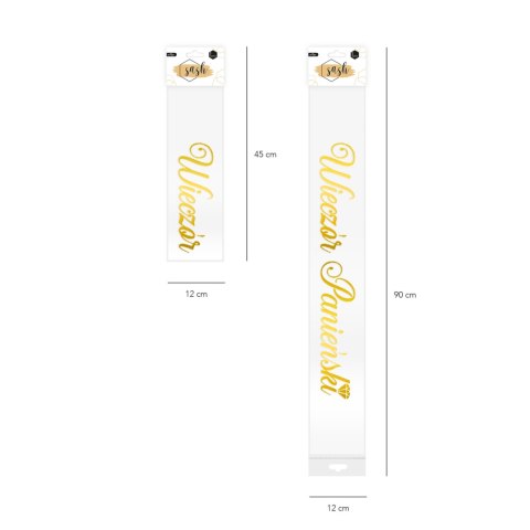 Szarfa biała z napisem Wieczór Panieński w kolorze złotym, 160cm