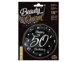 Balon foliowy Happy 50 Birthday, czarny srebrny nadruk, 46 cm