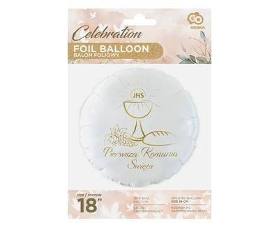 Balon foliowy okrągły Pierwsza Komunia Święta (kielich), 46 cm