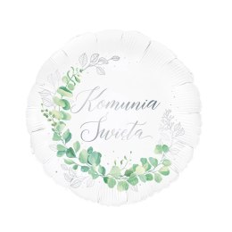 Balon foliowy okrągły Pierwsza Komunia Święta, srebrny, 46 cm