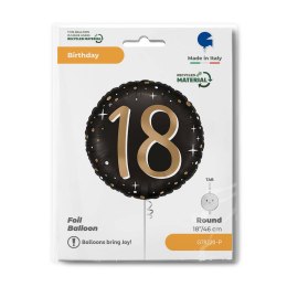 Balon Foliowy, okrągły, 18 urodziny, osiemnastka, czarno- złoty, - 46 cm