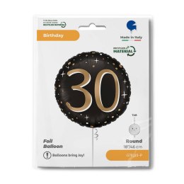 Balon Foliowy, okrągły, 30 urodziny, czarno- złoty, - 46cm