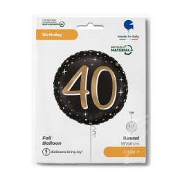 Balon Foliowy, okrągły, 40 urodziny, czarno- złoty, - 46cm
