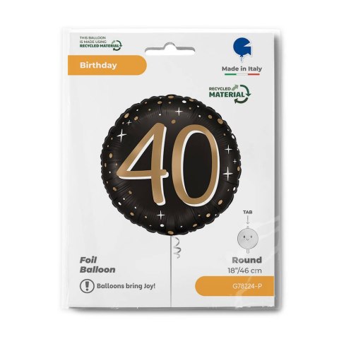 Balon Foliowy, okrągły, 40 urodziny, czarno- złoty, - 46cm