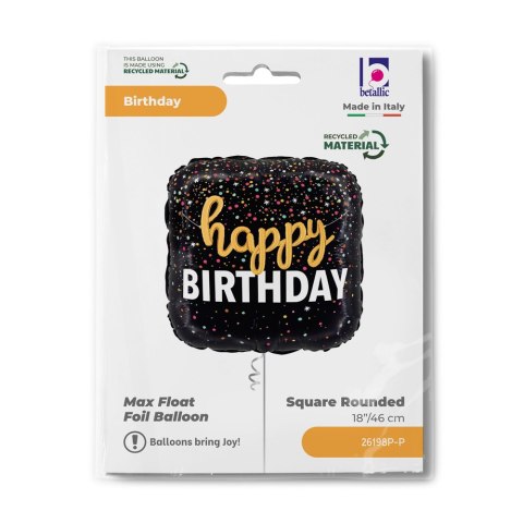 Balon foliowy urodzinowy, Czarny, Happy Birthday, 46 cm