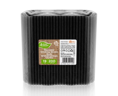 Rurki słomki wielokrotnego użytku, czarne, 7,5x190 mm, 200 szt.