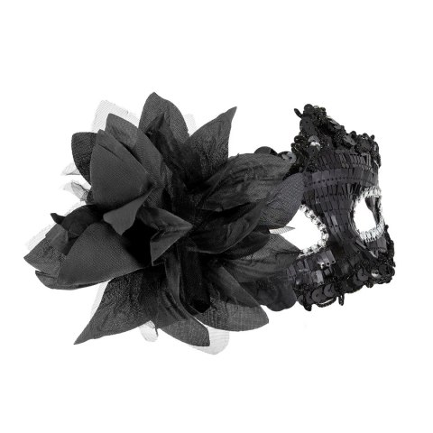 Maska karnawałowa z cekinami i kwiatem czarna 16x10cm